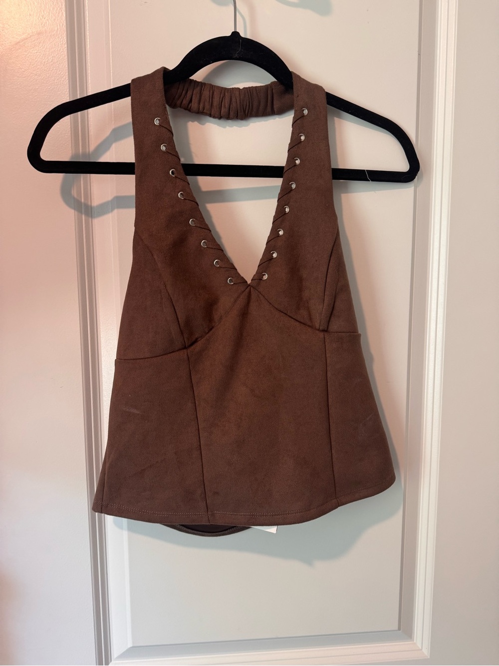 Women’s Brown Suede-Look Lace-Up Halter Crop Top